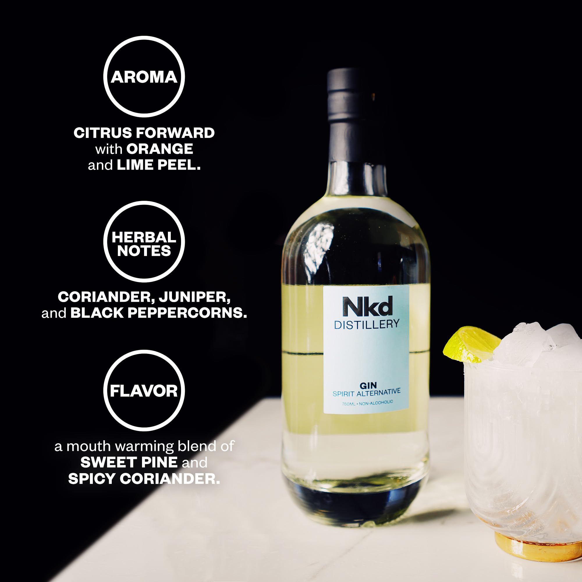 Mocktail setup featuring NKD Gin Non-Alcoholic Spirit and fresh garnishes.