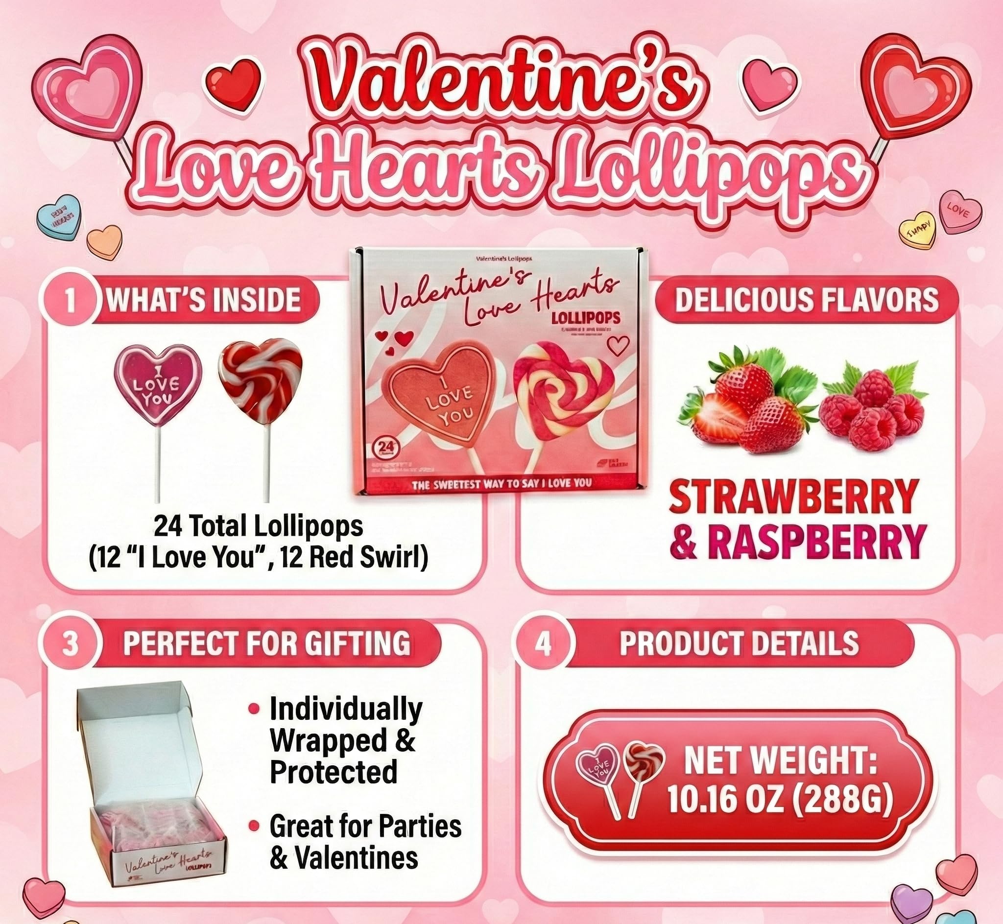 NLS Candy Co. bulk 24-pack heart lollipops for gatherings.