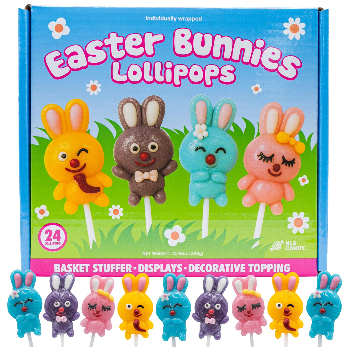NLS Candy Co Easter Bunny Lollipops on display for baskets and hunts.
