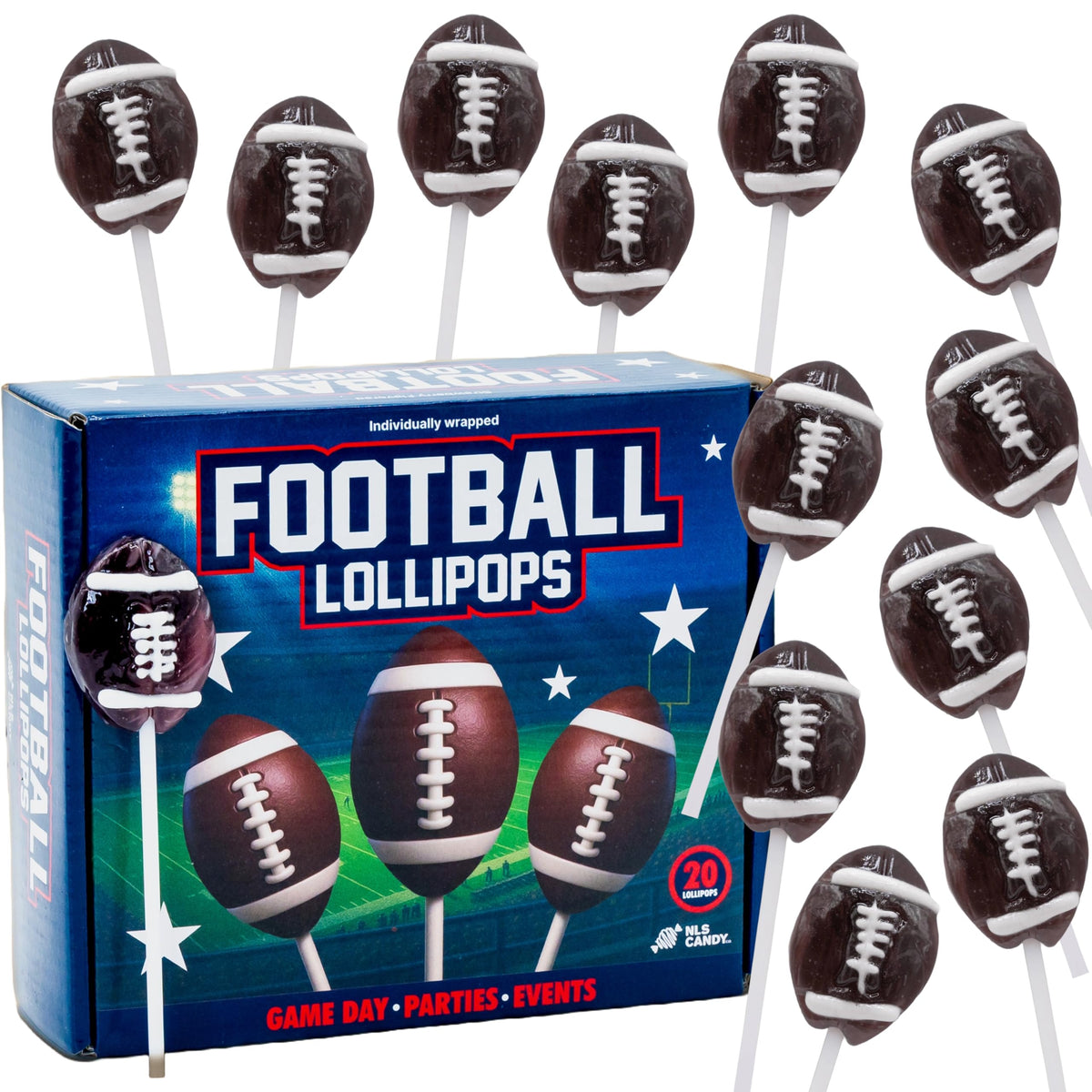 NLS Candy Co football lollipops 20-pack display for easy game-day sharing.