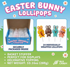 NLS Candy Co Easter Bunny Lollipops individually wrapped for freshness and travel.
