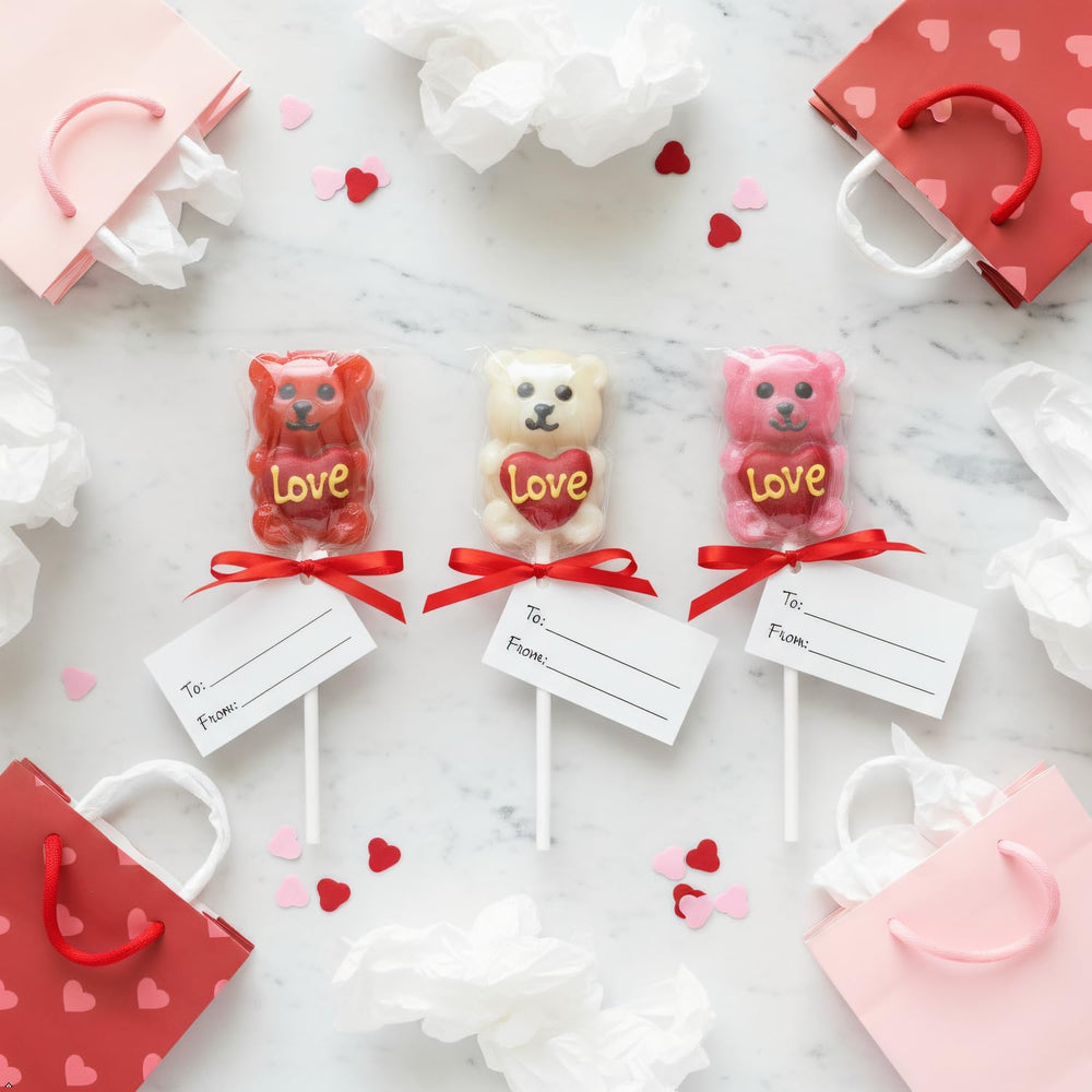 NLS Candy Co. Love Bear lollipops with fruity strawberry, raspberry, cherry flavors