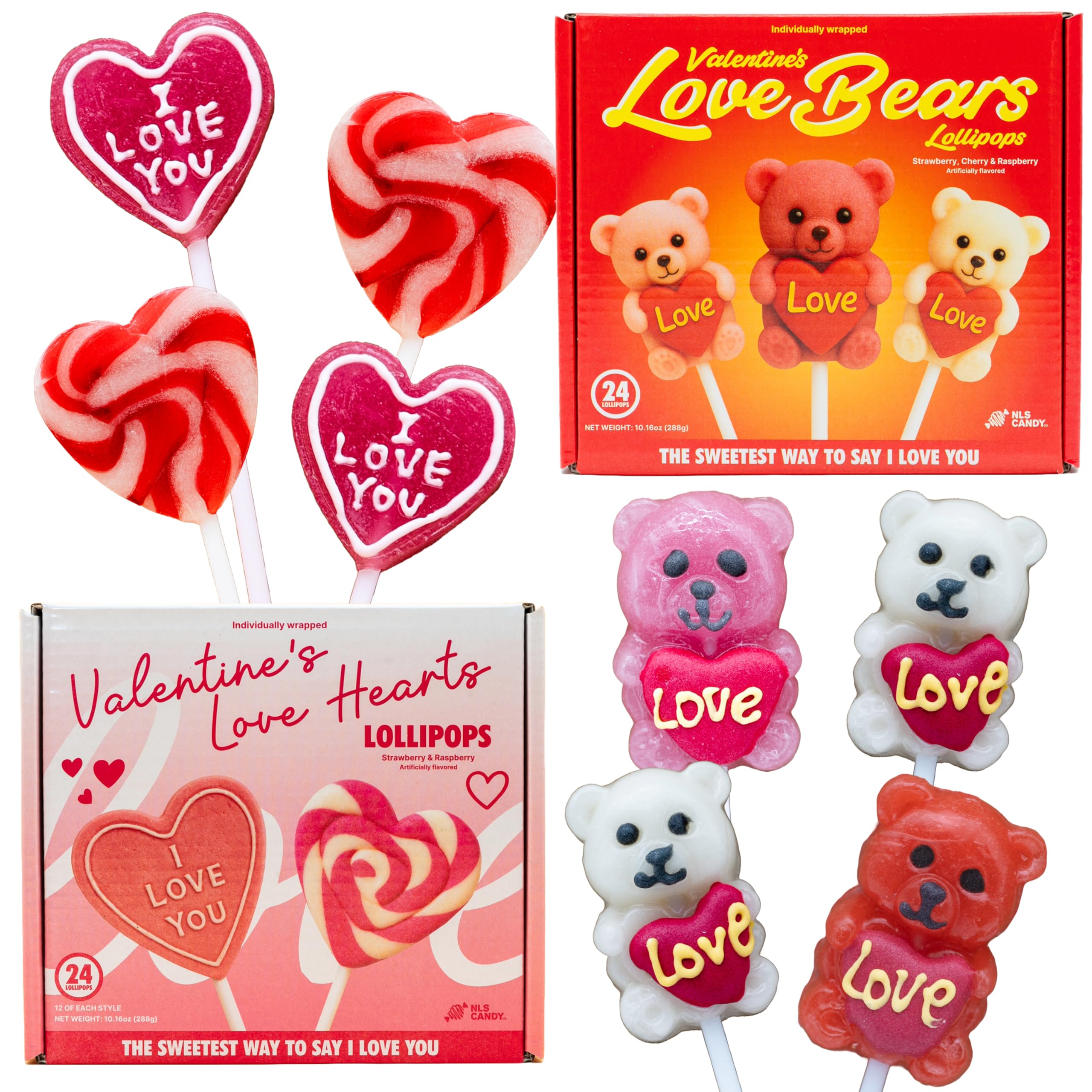 NLS Candy Co Valentine bear-heart lollipops in gift-ready boxes.