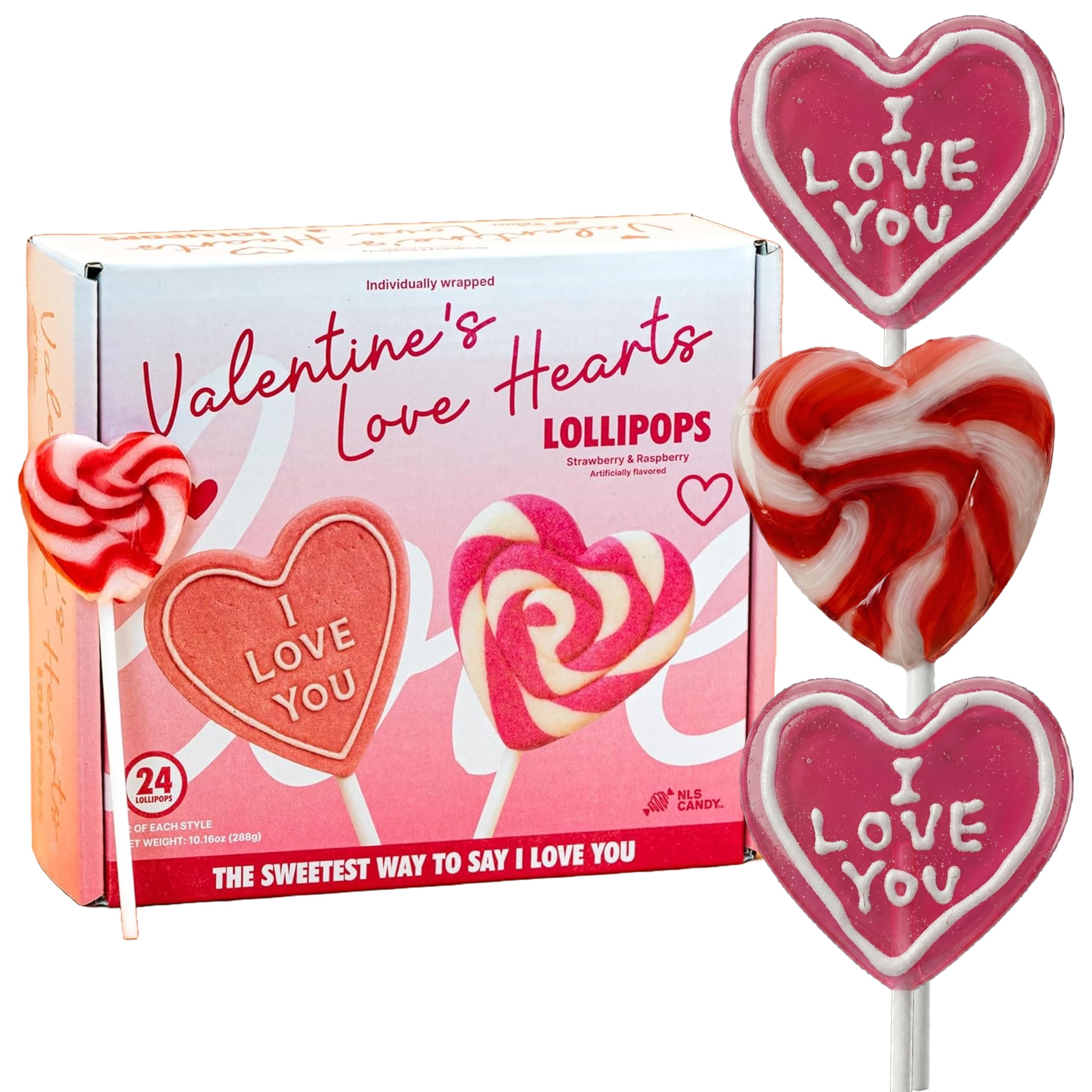 NLS Candy Co. Valentine heart lollipops in a 24-pack, perfect for gifting.