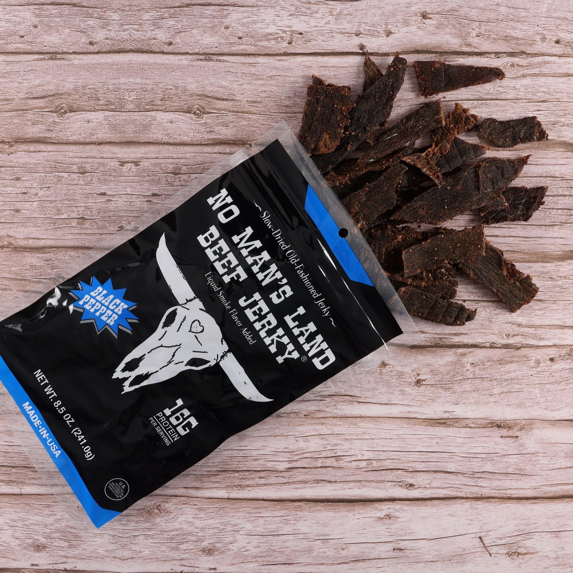No Mans Land 1oz portion image emphasizes 16g protein for active days
