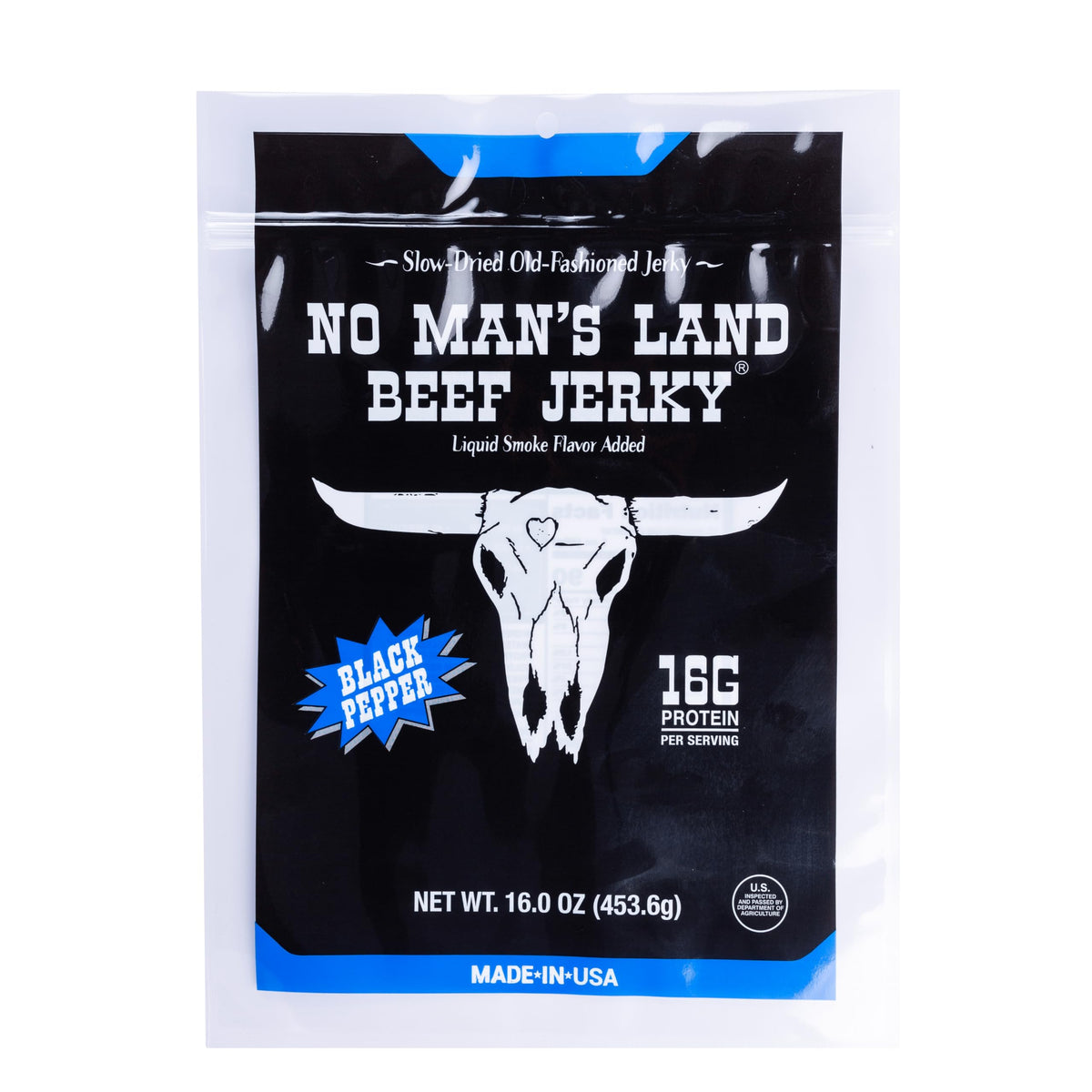 No Man's Land Beef Jerky black pepper 16oz Pack boosts protein for on-the-go snacking.