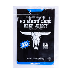 No Man's Land Beef Jerky black pepper 16oz Pack boosts protein for on-the-go snacking.