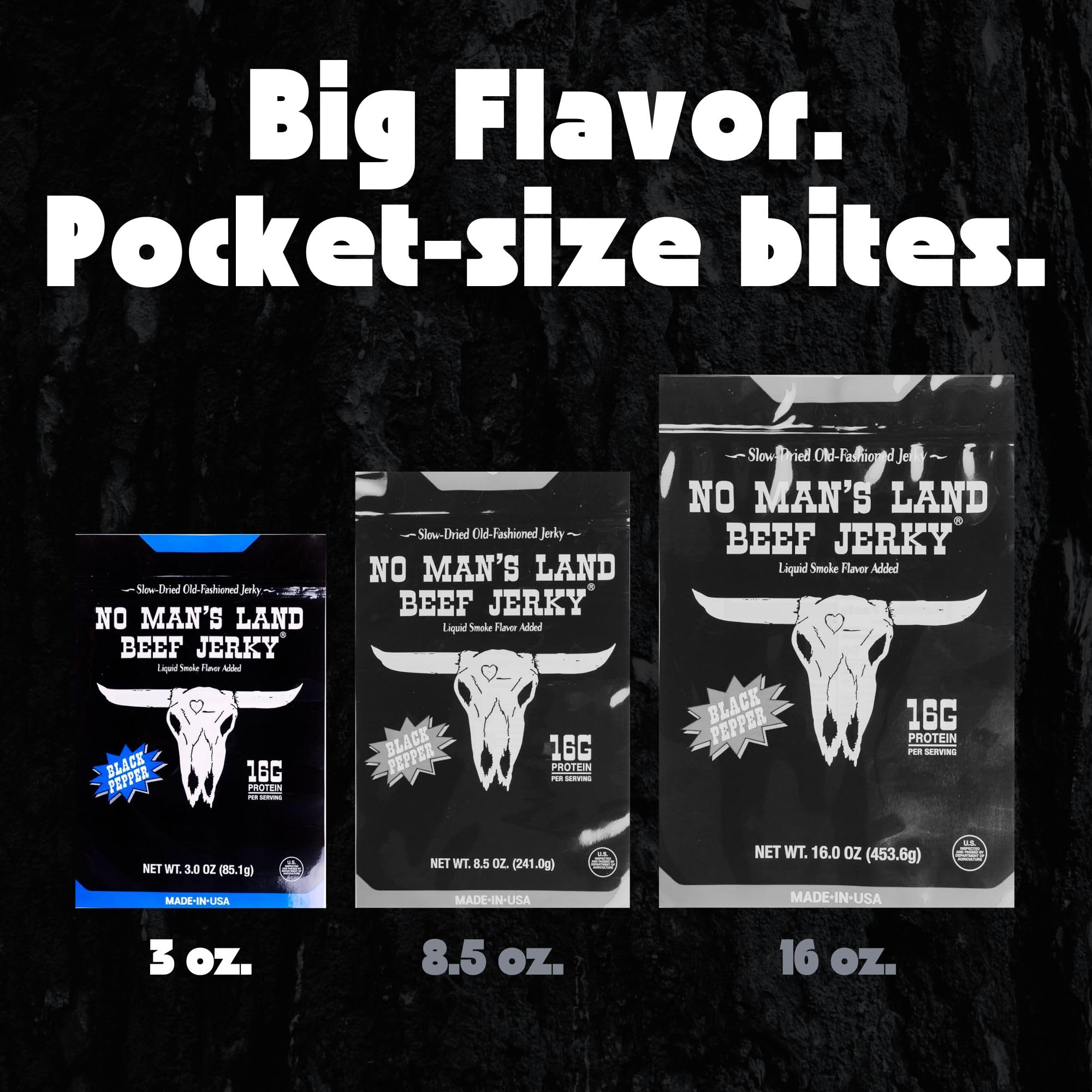 No Mans Land jerky fuels outdoor adventures with savory pepper flavor.