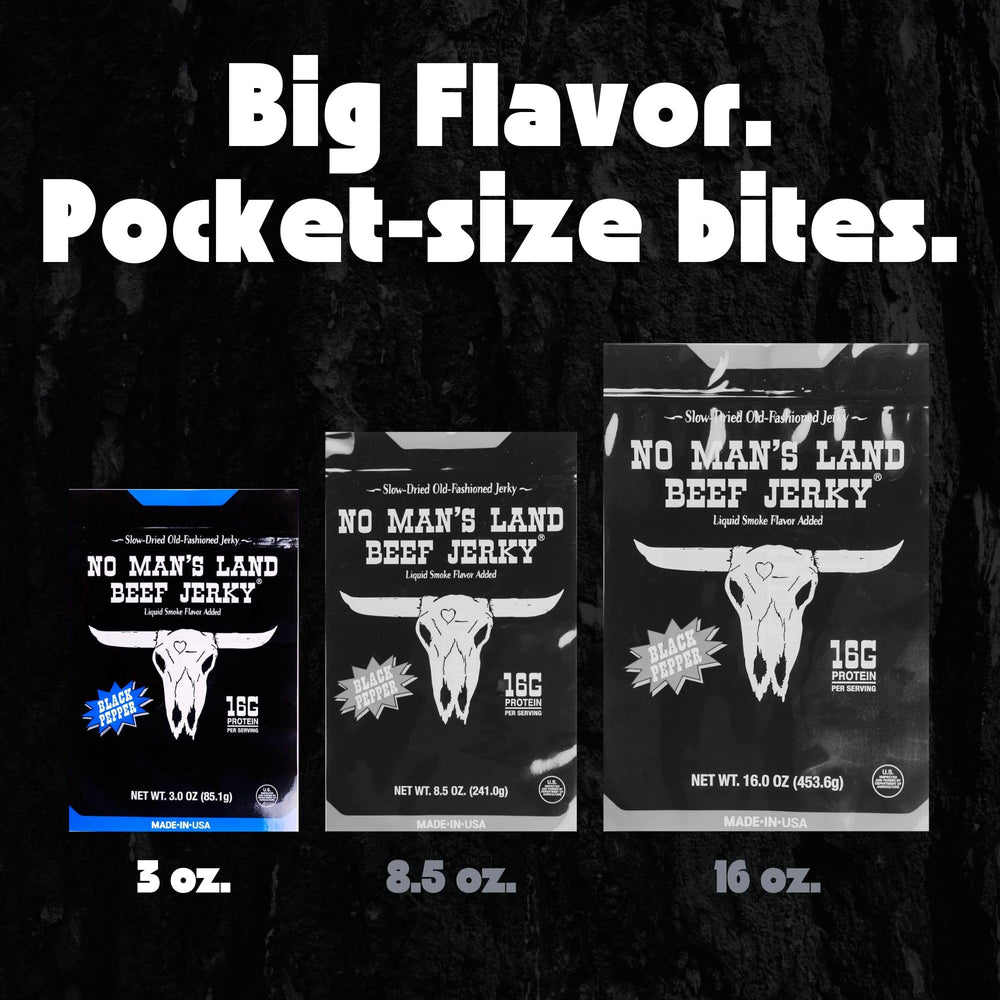 No Mans Land jerky fuels outdoor adventures with savory pepper flavor.