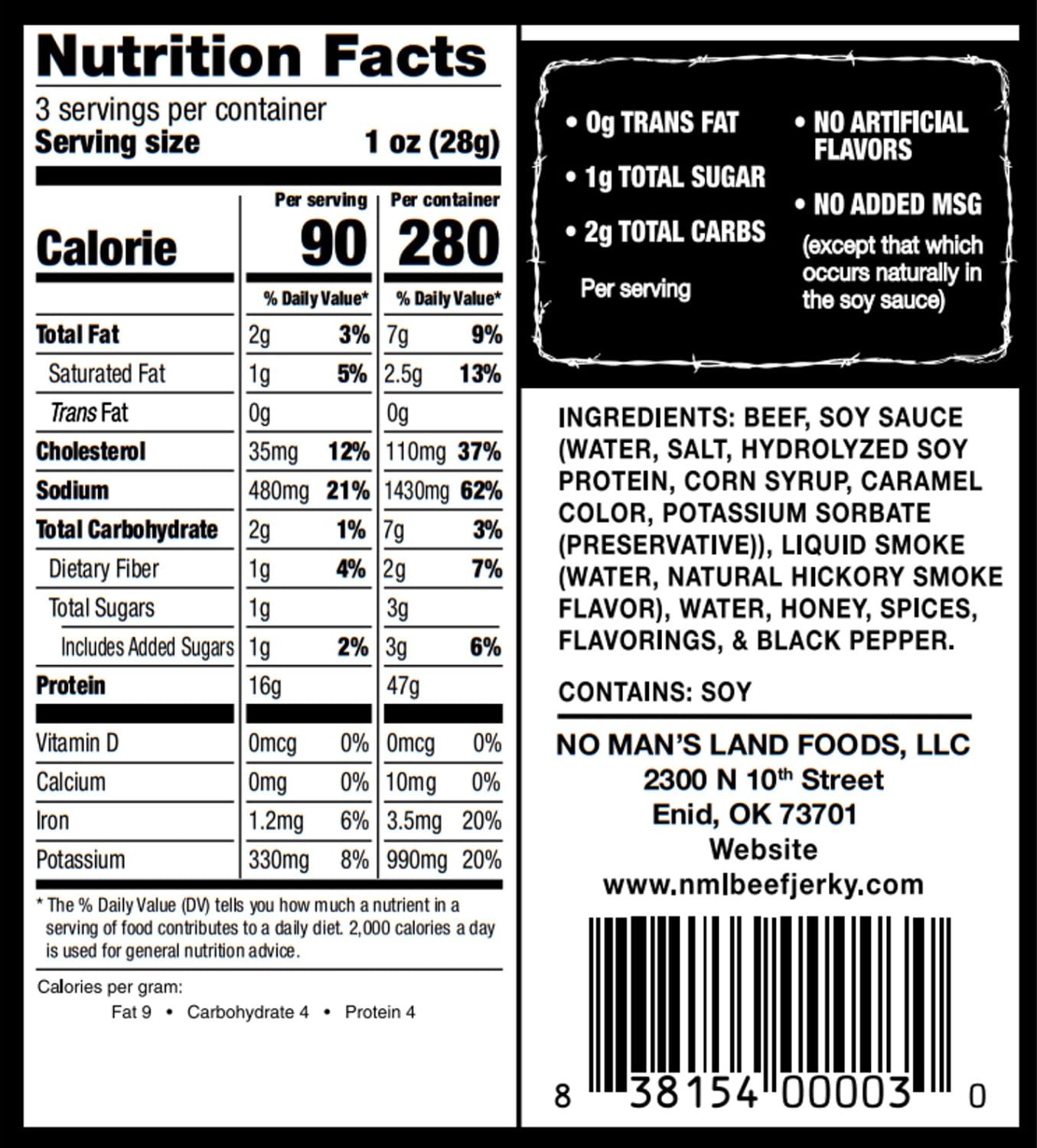 No Mans Land Black Pepper Jerky packaging highlights premium dry-cured texture.