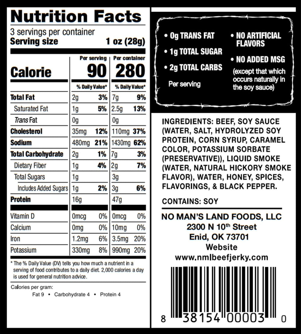 No Mans Land Black Pepper Jerky packaging highlights premium dry-cured texture.