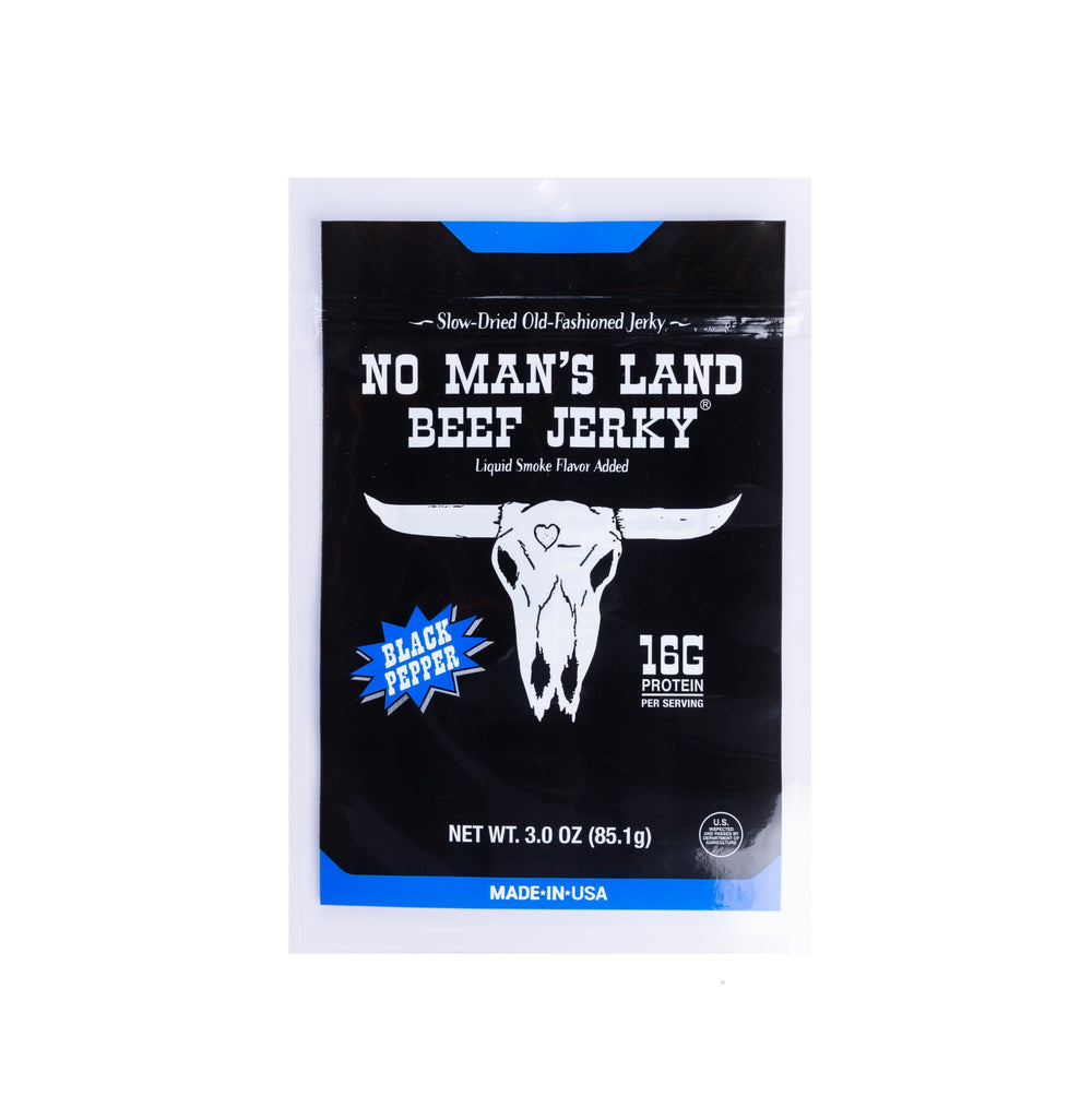 No Mans Land Black Pepper Jerky slices provide a protein-rich on-the-go snack.