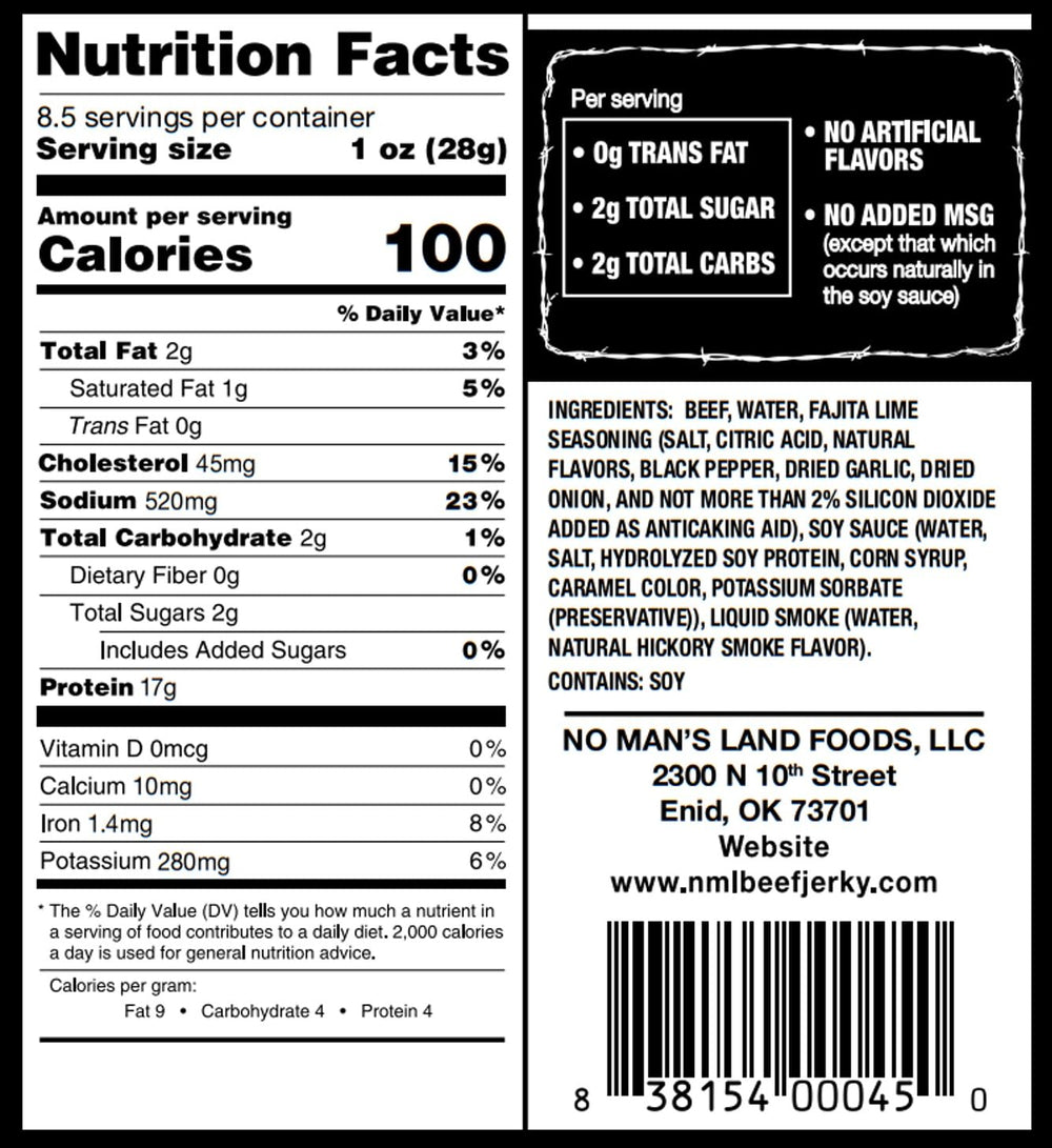 No Mans Land Beef Jerky Fajita Lime texture close-up showing 99% lean beef.