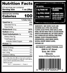 No Mans Land Beef Jerky Fajita Lime texture close-up showing 99% lean beef.