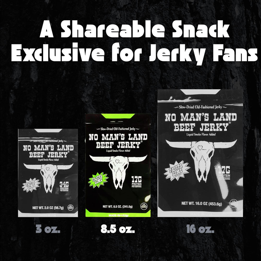 No Mans Land Beef Jerky Fajita Lime sliced pieces ready to snack.