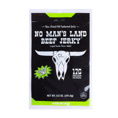 No Mans Land Beef Jerky Fajita Lime bag with bold seasoning and lean beef.