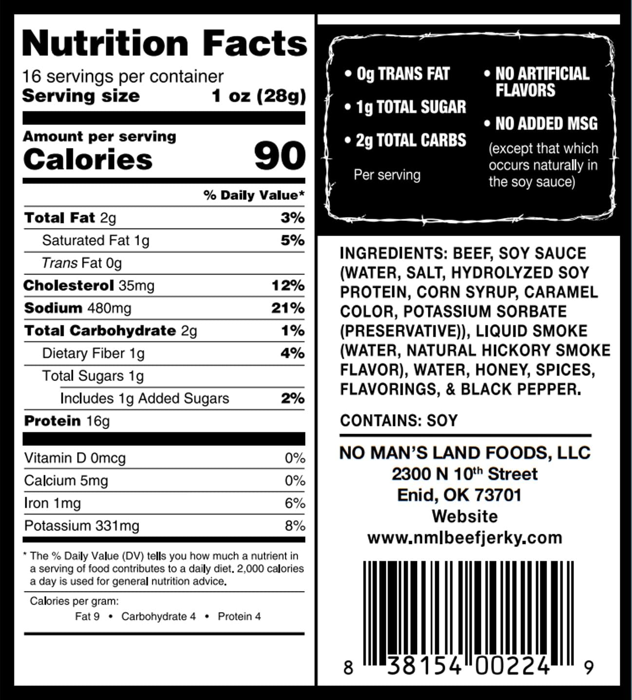 No Man's Land jerky pack on shelf highlights low sugar, high protein option.