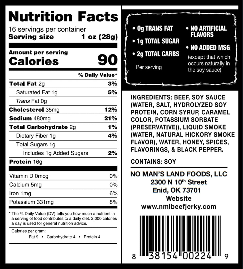 No Man's Land jerky pack on shelf highlights low sugar, high protein option.