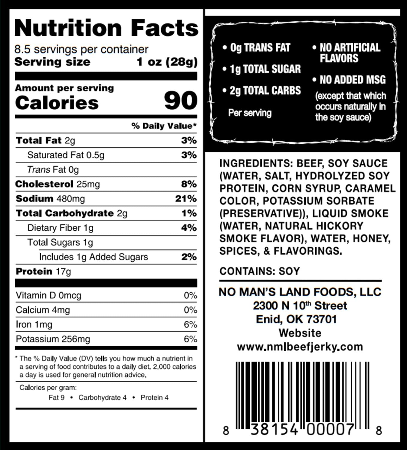 No Mans Land Jerky packaging label — low sugar and low carb option.
