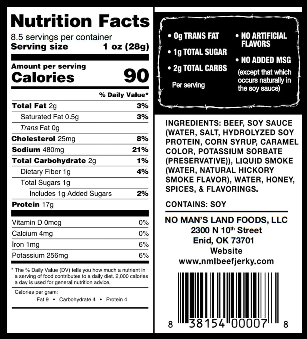 No Mans Land Jerky packaging label — low sugar and low carb option.