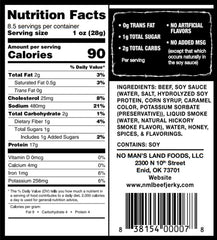 No Mans Land Jerky packaging label — low sugar and low carb option.