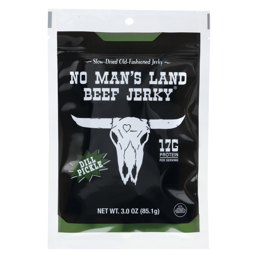 No Man's Land Dill Pickle Beef Jerky packaging displaying high-protein snack.