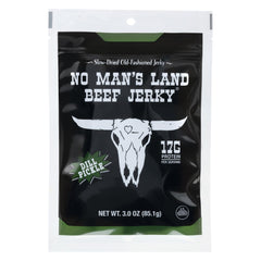 No Man's Land Dill Pickle Beef Jerky packaging displaying high-protein snack.