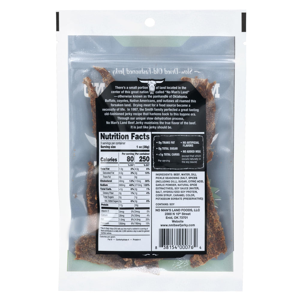 No Man's Land Dill Pickle Jerky slices close-up showing protein-packed lean beef.