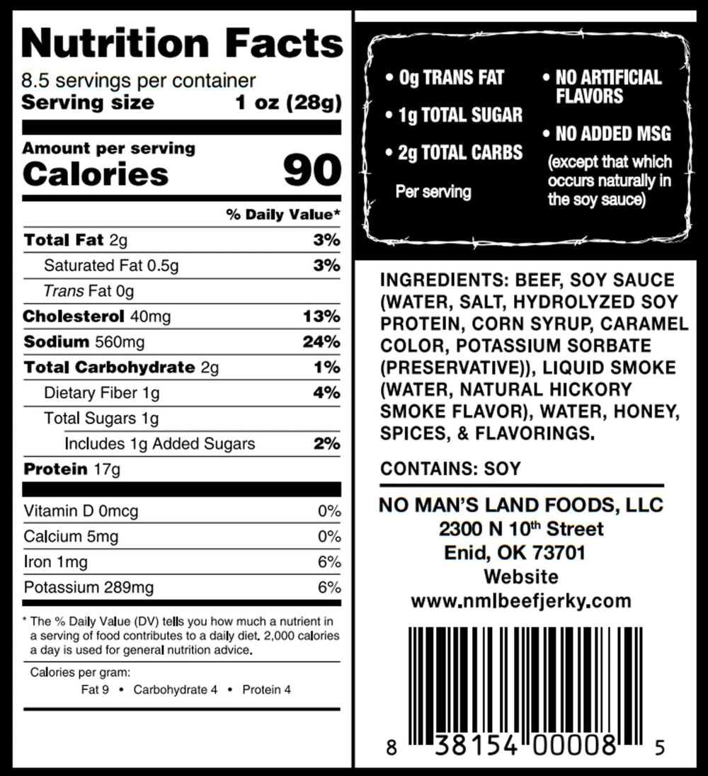 No Mans Land Beef Jerky bag open shows strips ready to snack.