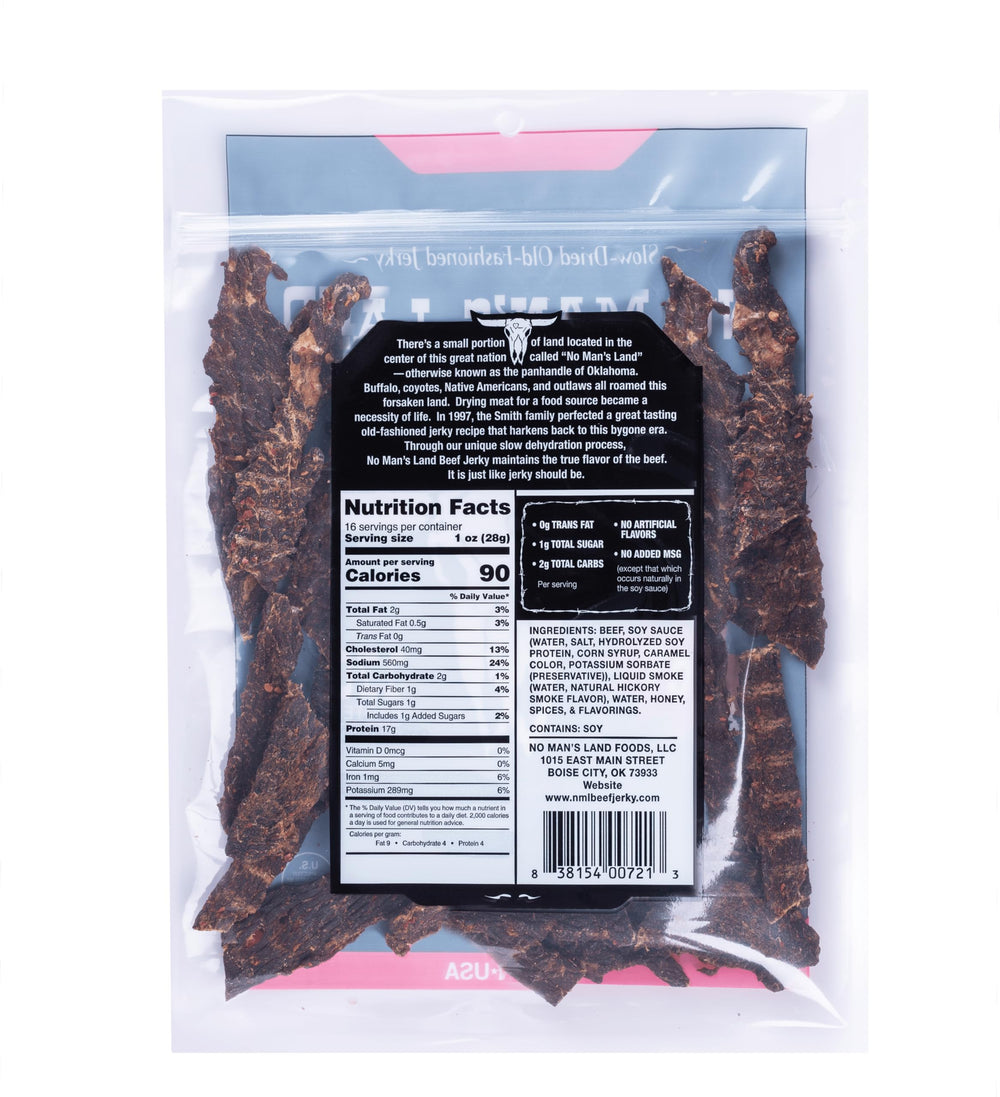 No Mans Land Hot Jerky slices offer flavorful, high-protein bite.