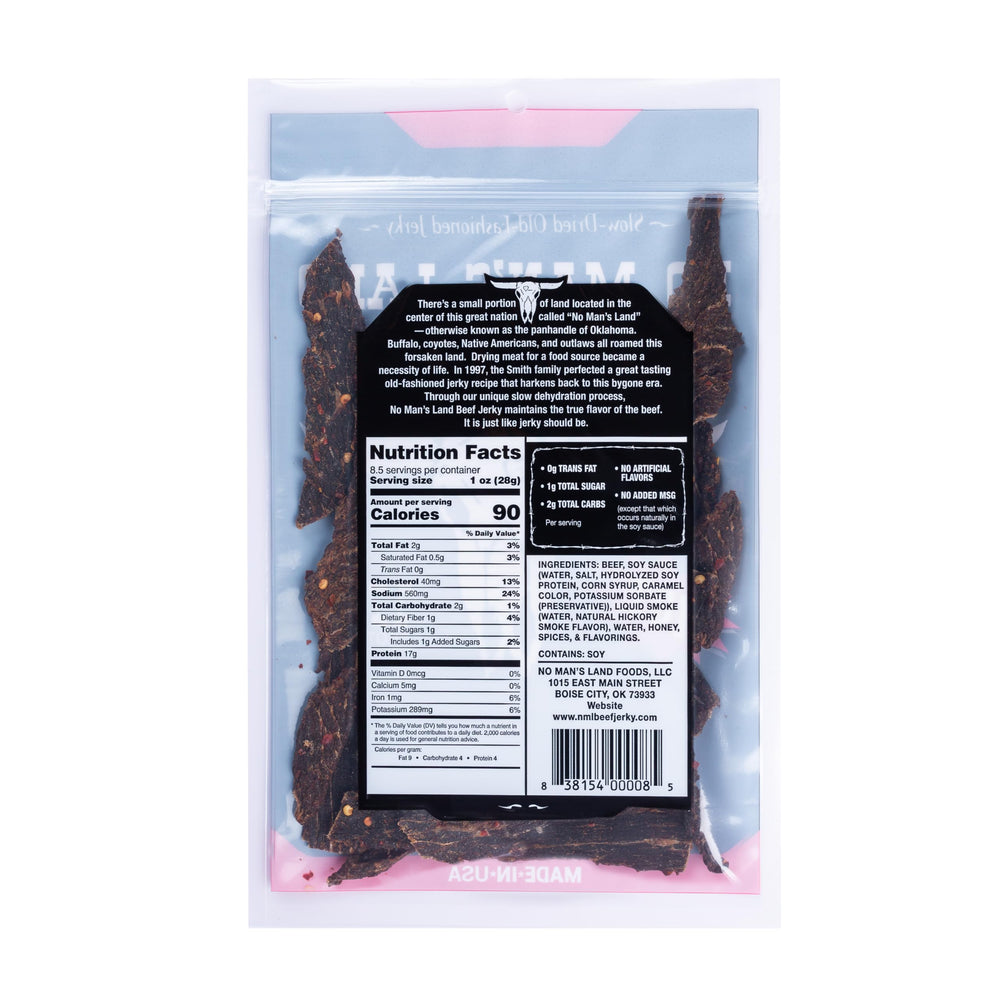 No Mans Land Hot beef jerky close-up highlights smoky texture and heat.