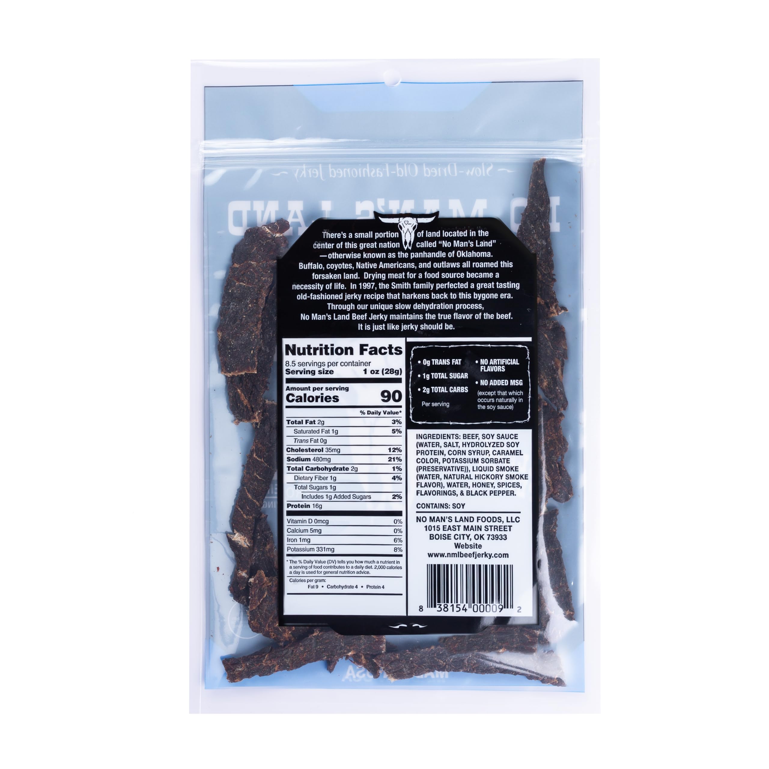 No Mans Land packaging display photo suggests shelf-ready jerky option
