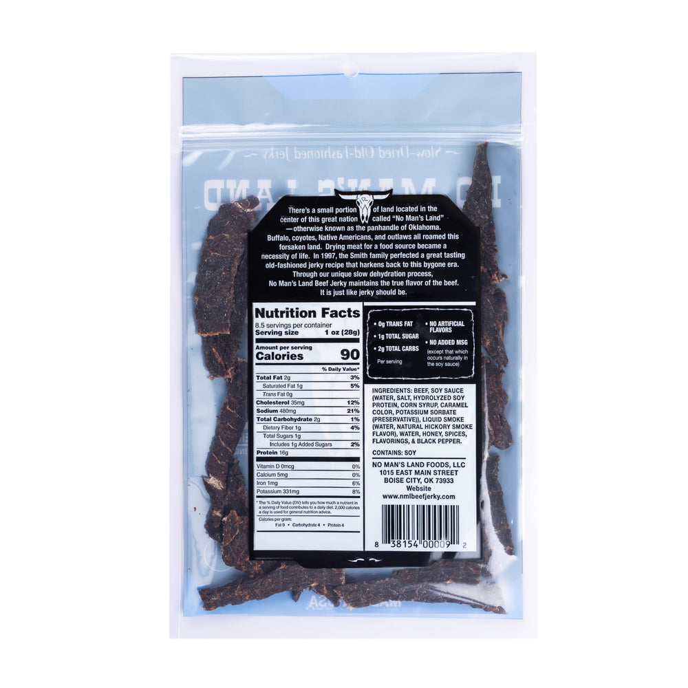 No Mans Land packaging display photo suggests shelf-ready jerky option