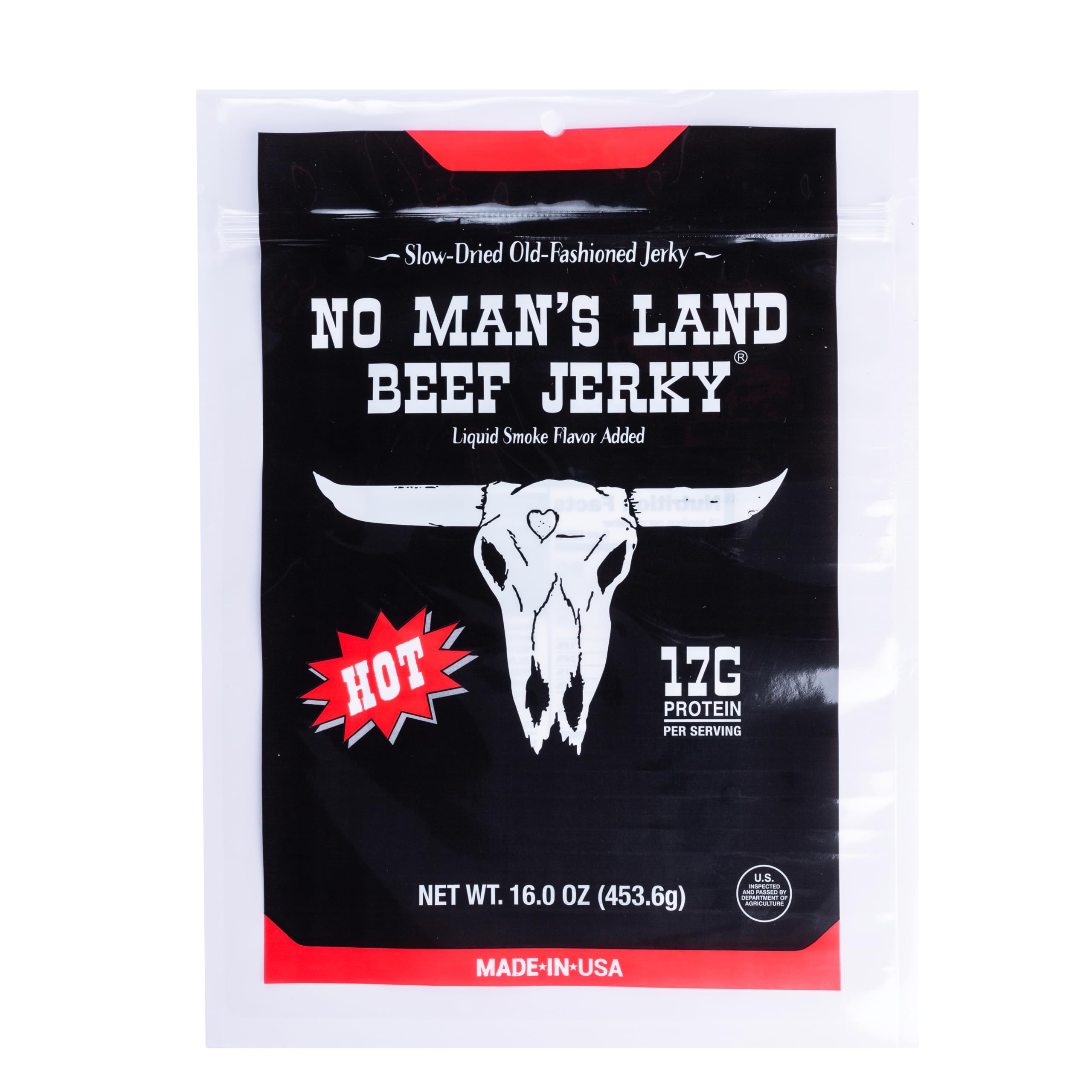 No Mans Land Premium Beef Jerky bag highlights protein-packed snack for active days.