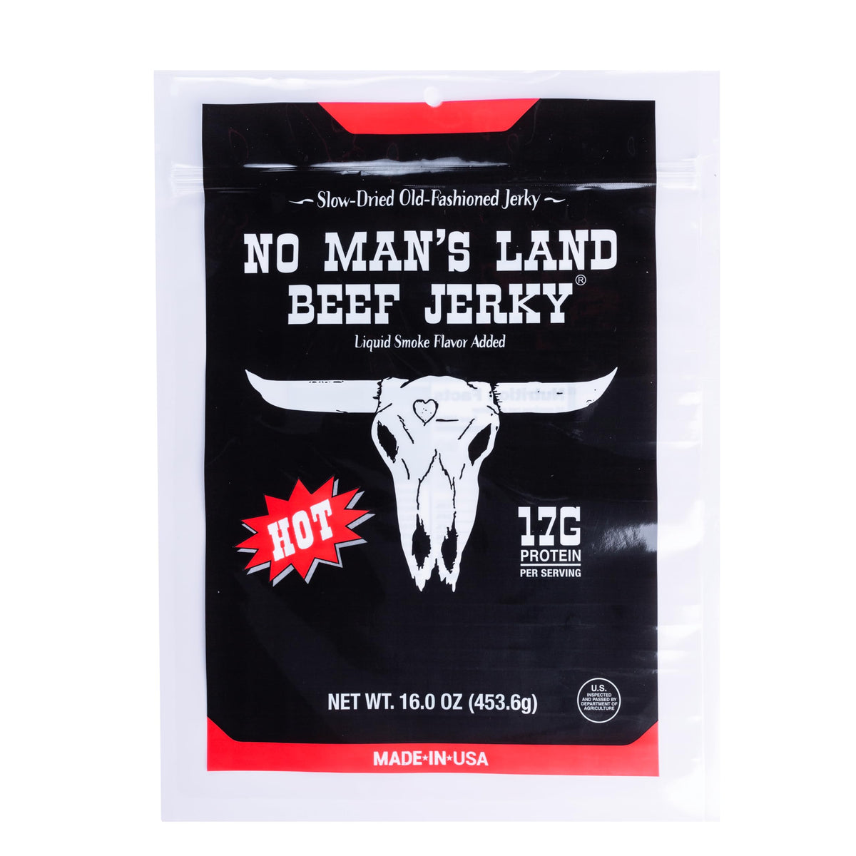 No Mans Land Premium Beef Jerky bag highlights protein-packed snack for active days.