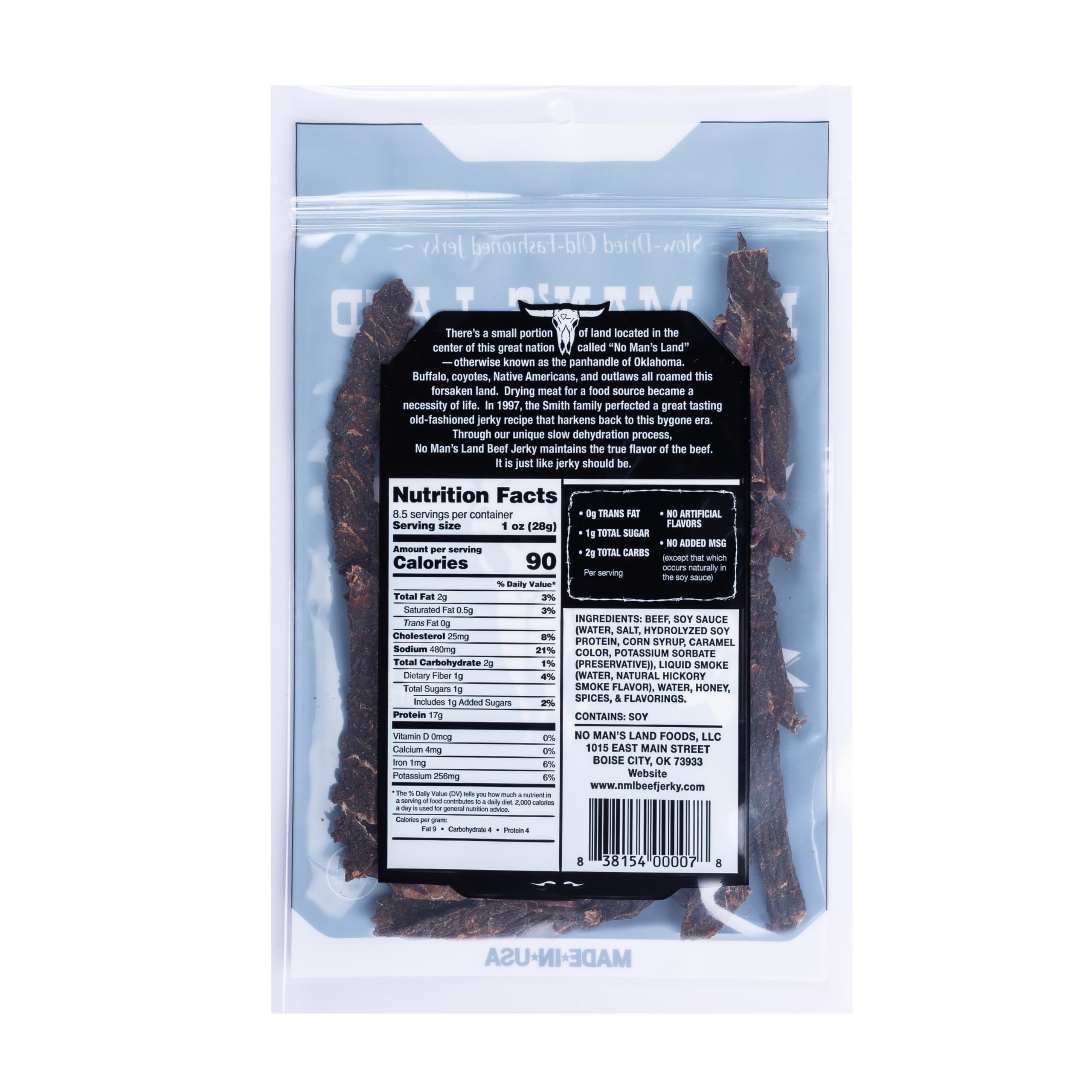 No Mans Land Jerky strips closeup — savory, smoky flavor with high protein.