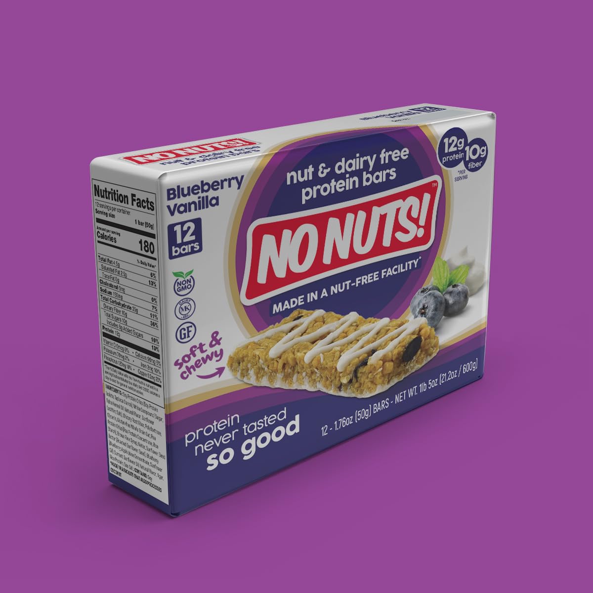 Ingredient list view of No Nuts! Blueberry & Vanilla bar highlights organic, vegan, non-GMO
