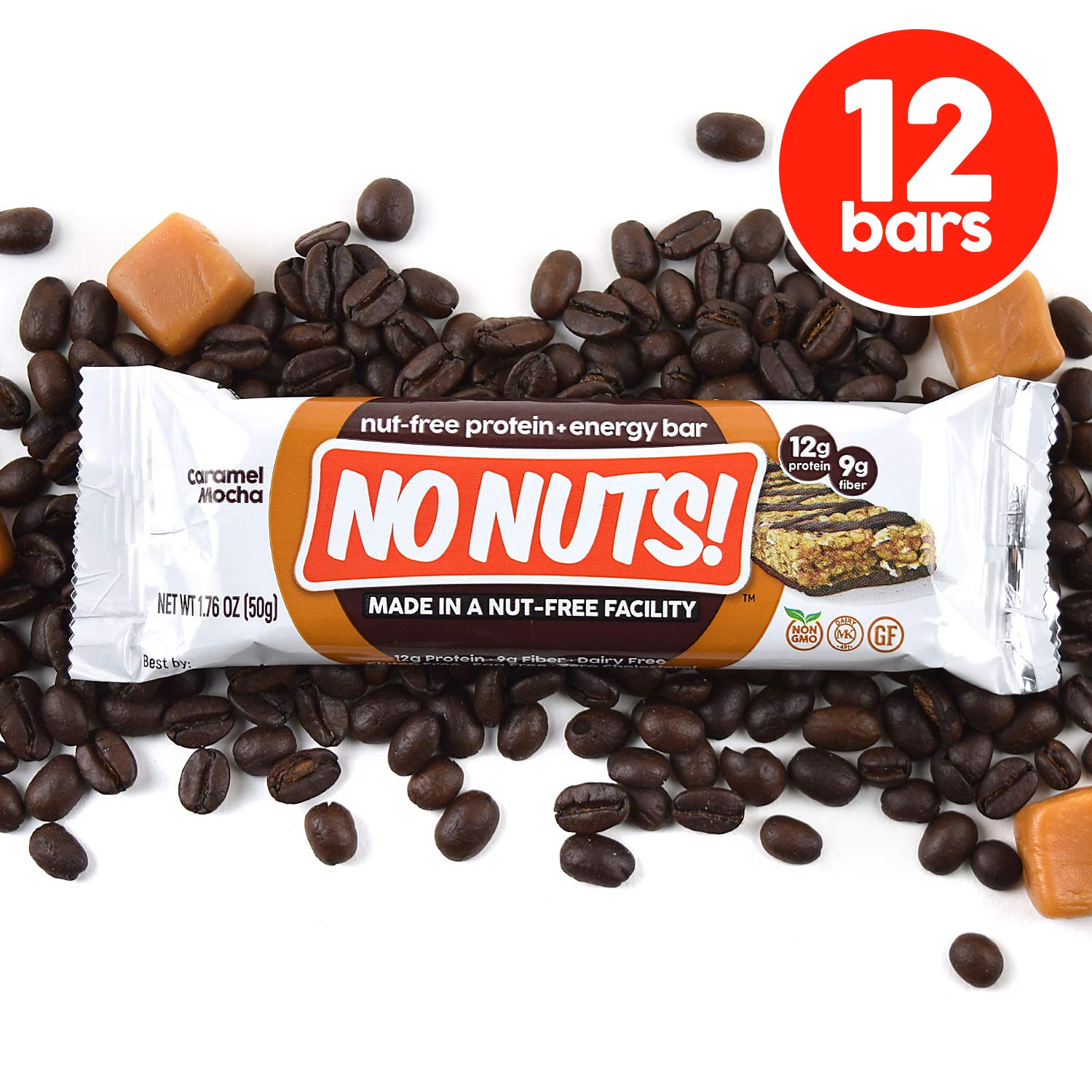 No Nuts! Caramel Mocha bar features allergy-safe facility logo for trustful snacking.