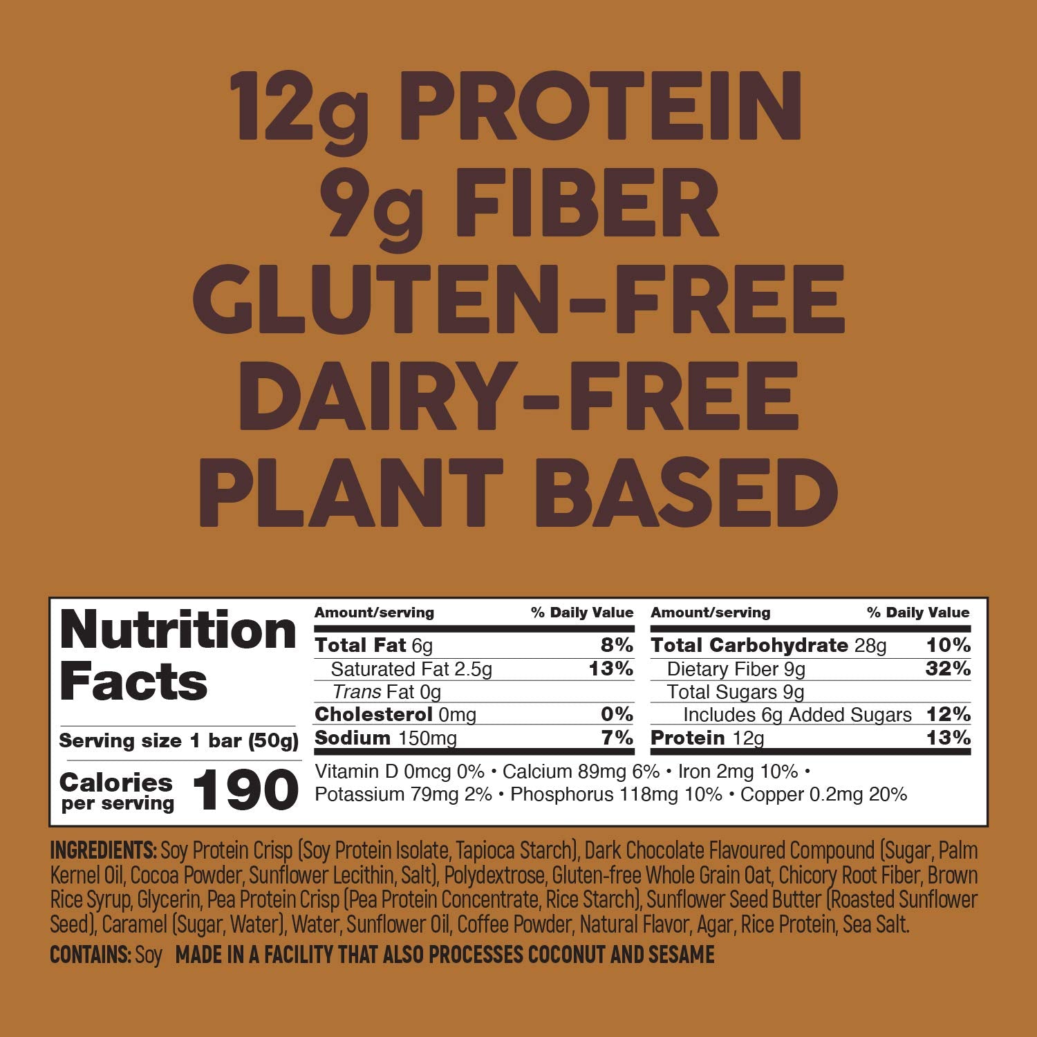 No Nuts! Caramel Mocha bar closeup shows chocolate drizzle and caramel layers for a rich flavor.