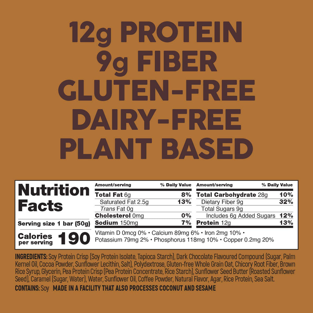 No Nuts! Caramel Mocha bar closeup shows chocolate drizzle and caramel layers for a rich flavor.