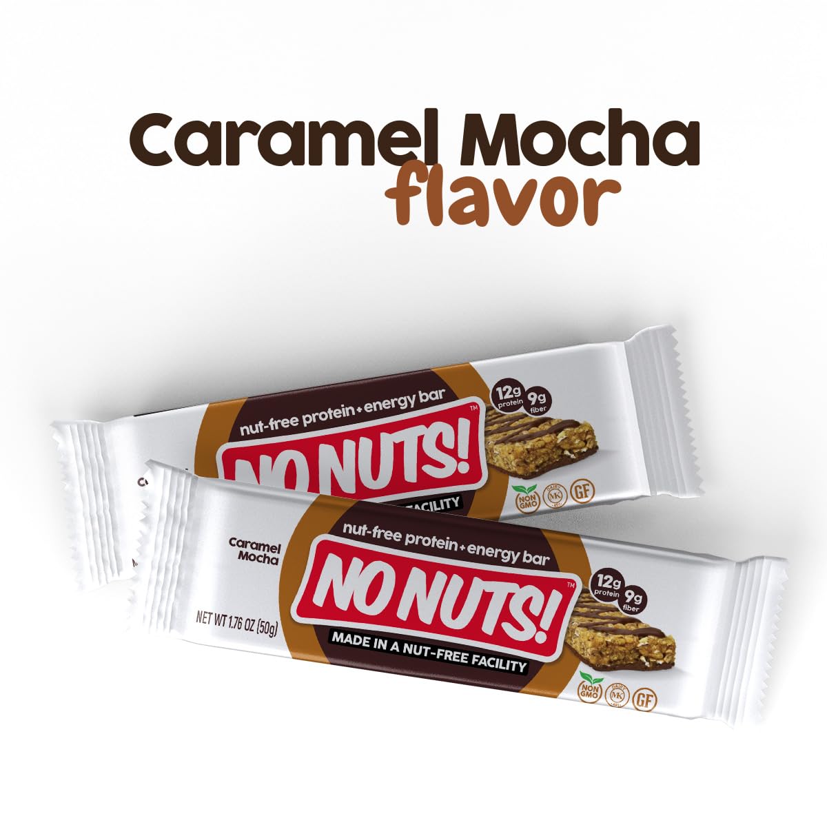 No Nuts! Caramel Mocha bar half-bite reveals chewy texture and satisfying bite.