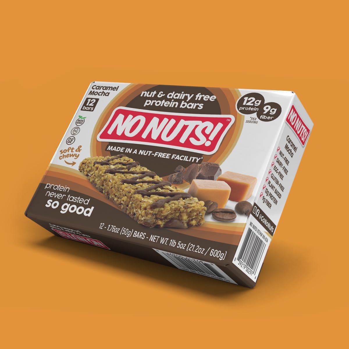 No Nuts! Caramel Mocha bar label displays organic and kosher certifications for trusted choice.