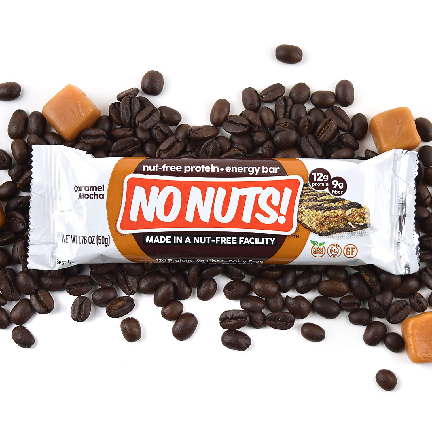 No Nuts! Caramel Mocha bar package front highlights branding and on-the-go protein.