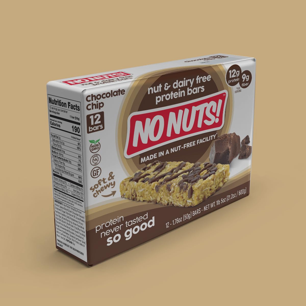 Nutrition facts emphasize 12g protein and 10g fiber per bar.