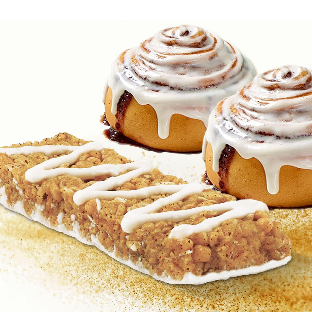 No Nuts Cinnamon Roll bar box display communicates family-friendly nut-free option.