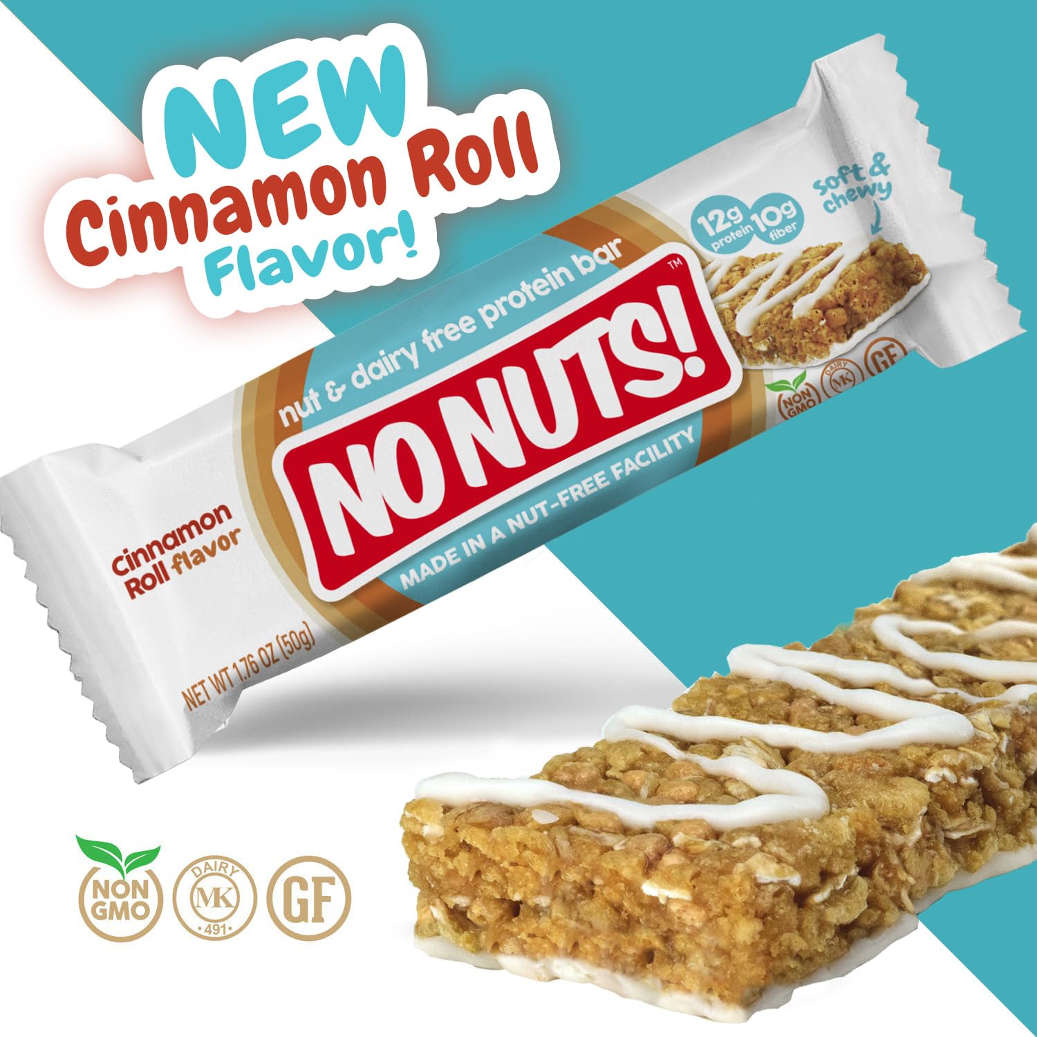No Nuts Cinnamon Roll bar on countertop with oats and cinnamon imagery.