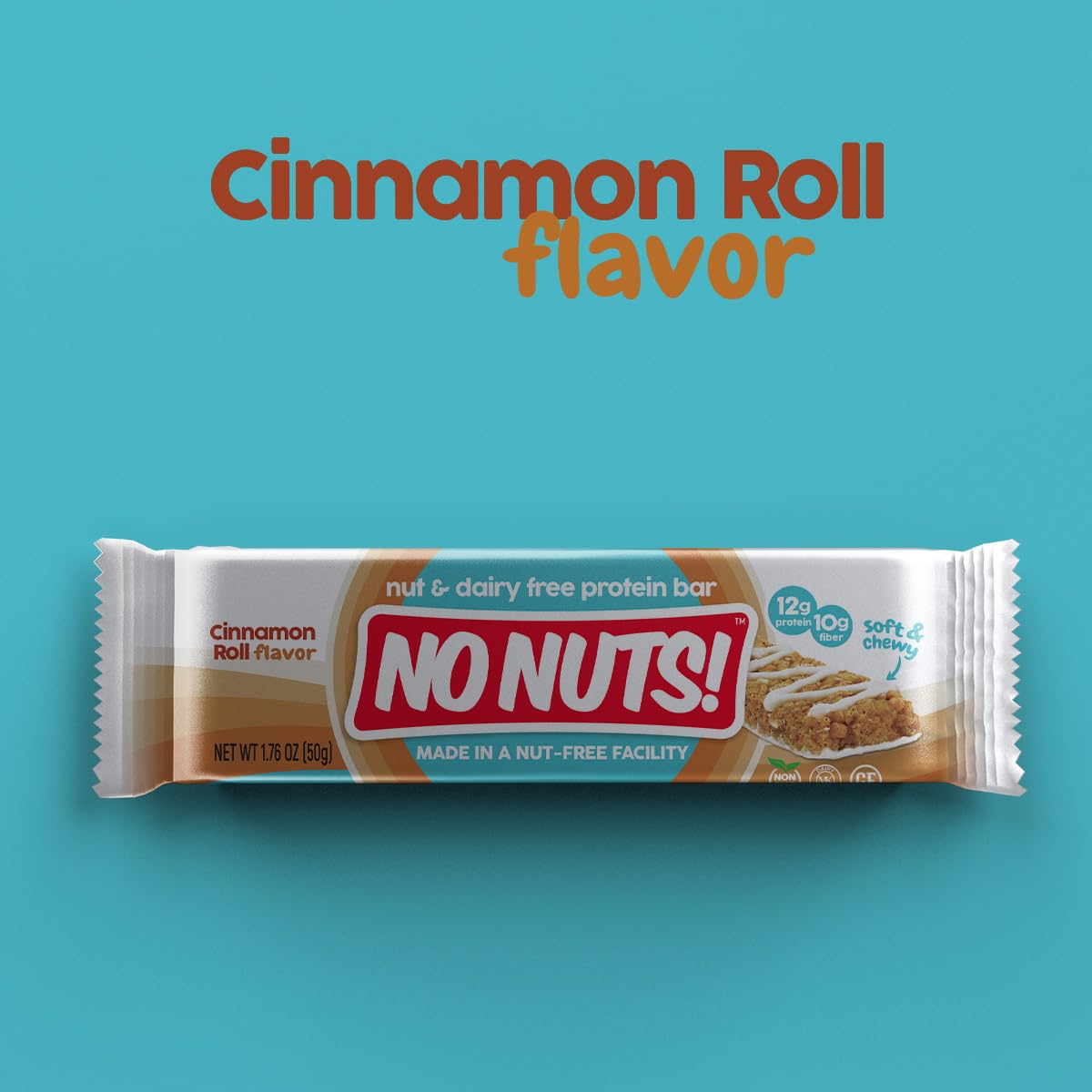 No Nuts Cinnamon Roll bar packaging shows organic, kosher, vegan icons.