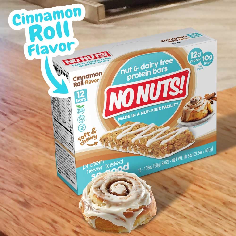 No Nuts Cinnamon Roll bar in kids lunchbox supports school-safe snacking.