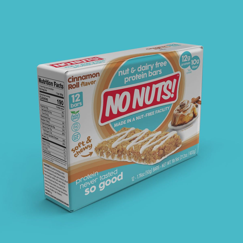 No Nuts Cinnamon Roll bar multi-pack featuring four flavors for variety.