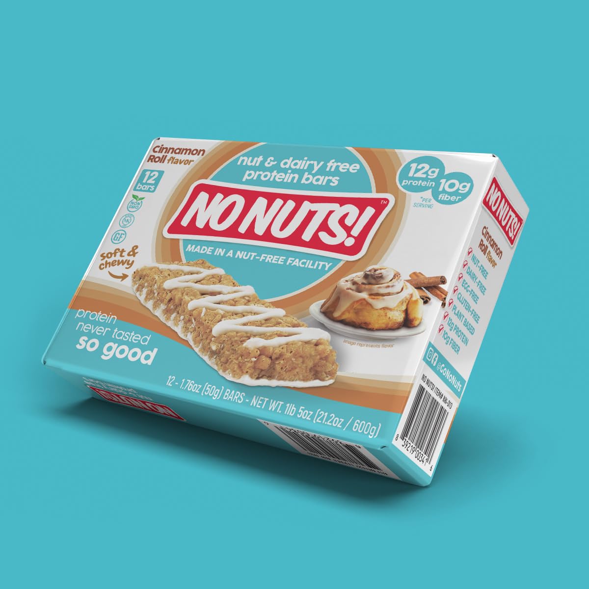 No Nuts Cinnamon Roll bar nutrition label highlights protein and fiber content.